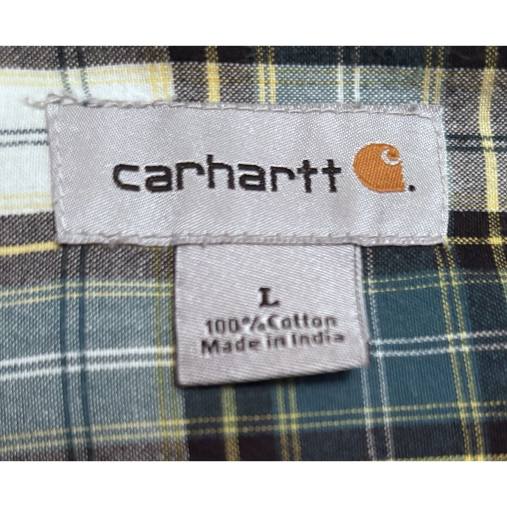 Carhartt Rugged Flannel Shirt Button‎ Up Adult Large Green Blue Plaid Pockets - Picture 3 of 6